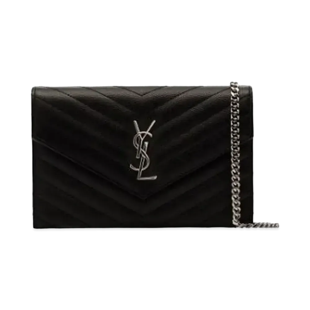 Saint Laurent Envelope Chain Wallet In Grain De Black Embossed Leather "Black"