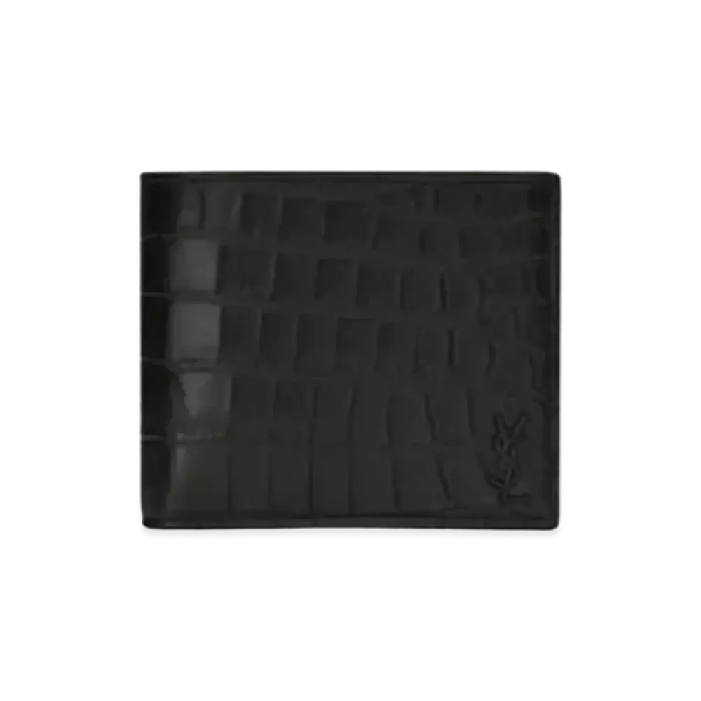 SAINT LAURENT Tiny Monogram East/West Wallet With Coin Purse In Crocodile-Embossed Leather "Black"