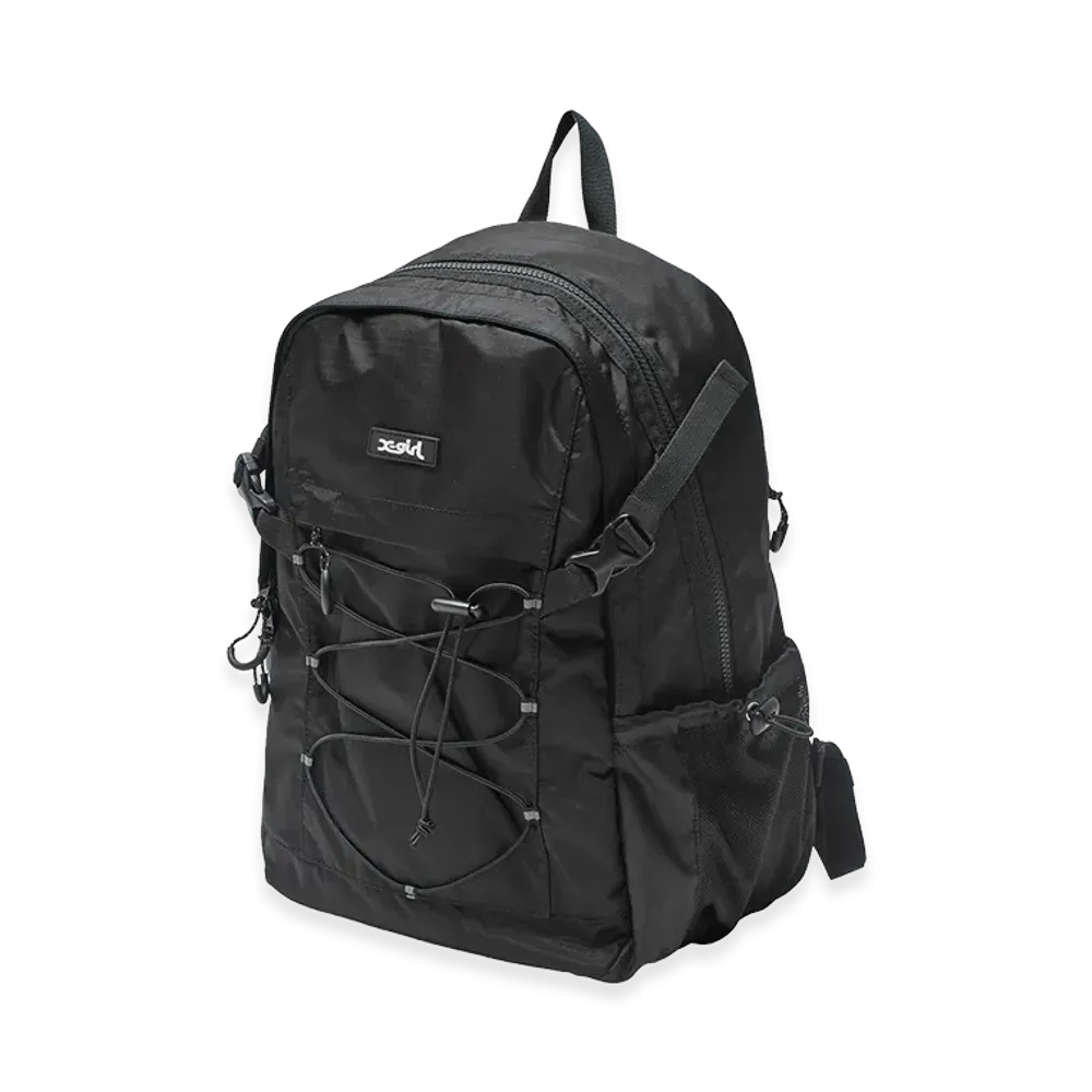 X-Girl Women's Mills Logo Rubber Patch Bungee Cord Backpack "Black"