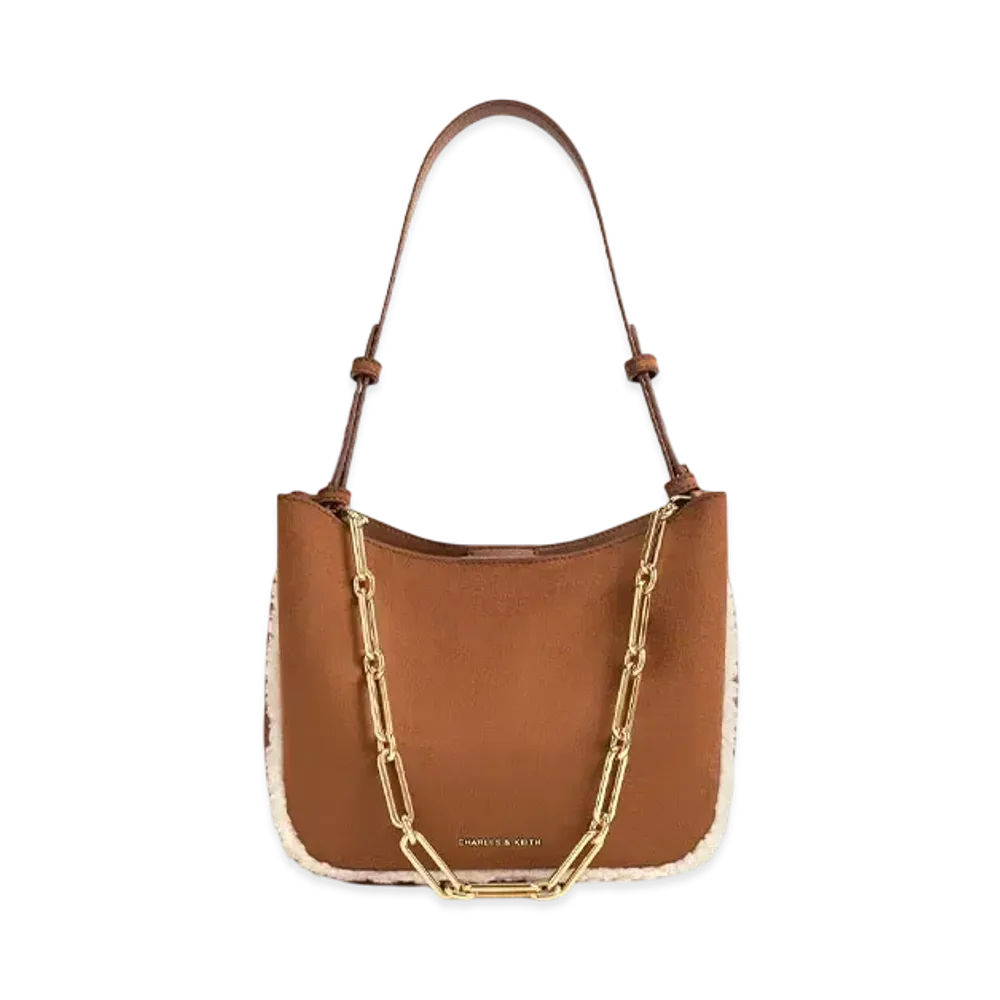 CHARLES & KEITH Robin Textured Foot-Rim Chain-Handle Bag "Brown"