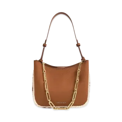 CHARLES & KEITH Robin Textured Foot-Rim Chain-Handle Bag "Brown"