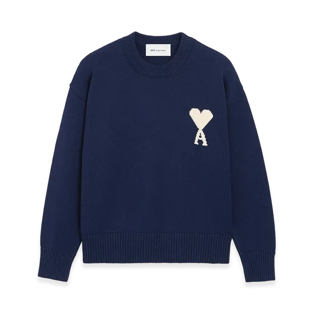 AMI PARIS Wool/Cotton Crewneck Ami De Coeur Sweater "Blue"