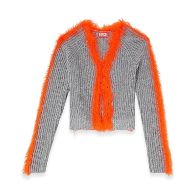 Diesel M-Tanita Ribbed Cardigan With Fuzzy Trims "Gray Orange"