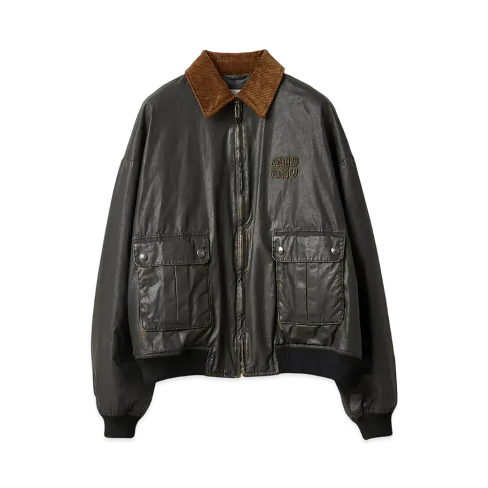 MIUMIU Women's Resin-Finish Poplin Bomber Jacket "Black"