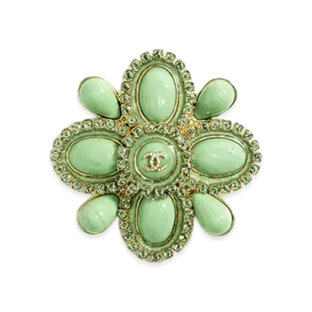 CHANEL Brooch Metal, Resin, Glass Pearls & Strass "Gold/Green/Crystal"