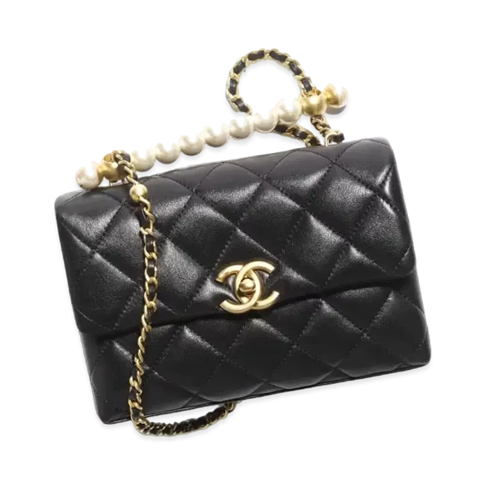 CHANEL Mini Flap Bag with Top Handle Shiny Lambskin Imitation Pearls "Black"