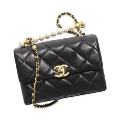 CHANEL Mini Flap Bag with Top Handle Shiny Lambskin Imitation Pearls "Black"