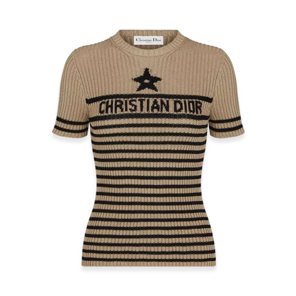 Dior Women's Short Sleeved Sweater Cotton Knit with Signature "Hazelnut"
