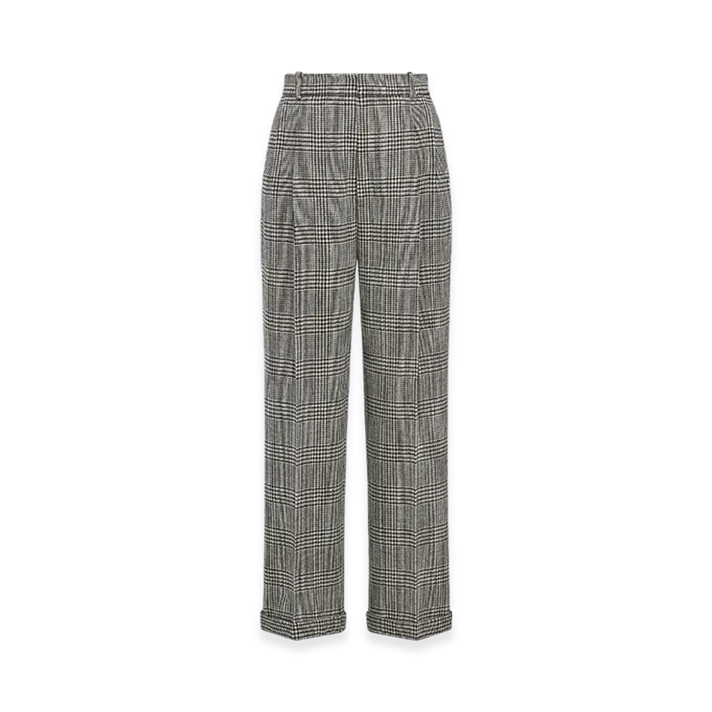Dior Women's Wide-Leg Pants Virgin Wool Prince Of Wales Motif "Gray"