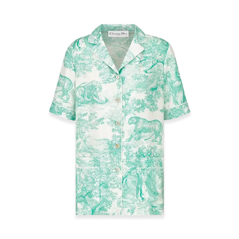 Dior Women's Silk Twill with Toile De Jouy Sauvage Motif Dioriviera Chez Moi S/S Shirt "White/Aquamarina"