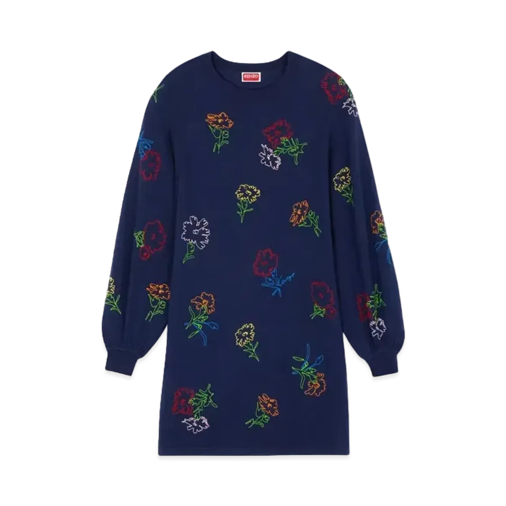 KENZO 'DRAWN FLOWERS' Embroidery Dress "Midnight Blue"