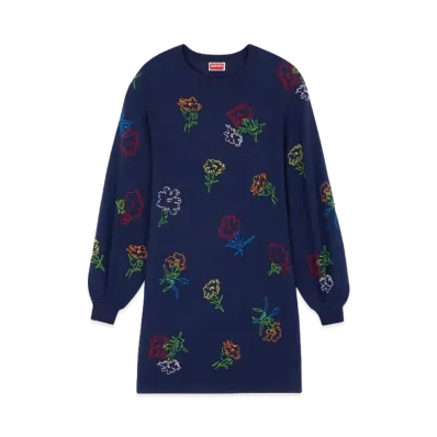 KENZO 'DRAWN FLOWERS' Embroidery Dress "Midnight Blue"