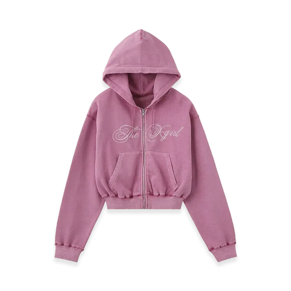 X-Girl Women's Pigment Dyed Script Logo Compact Zip Up Sweat Hoodie "Pink"