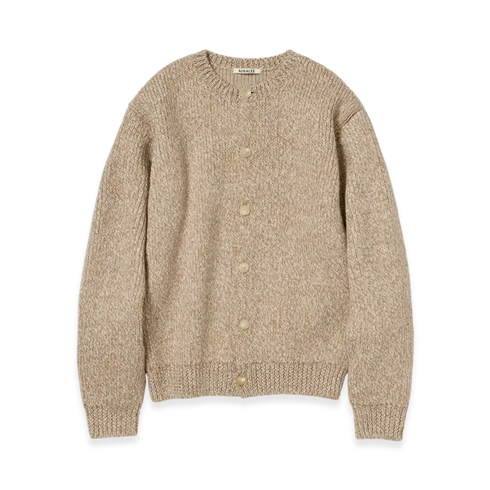 AURALEE Double Faced Wool Alpaca Low Gauge Knit Crew Neck Cardigan "Beige"