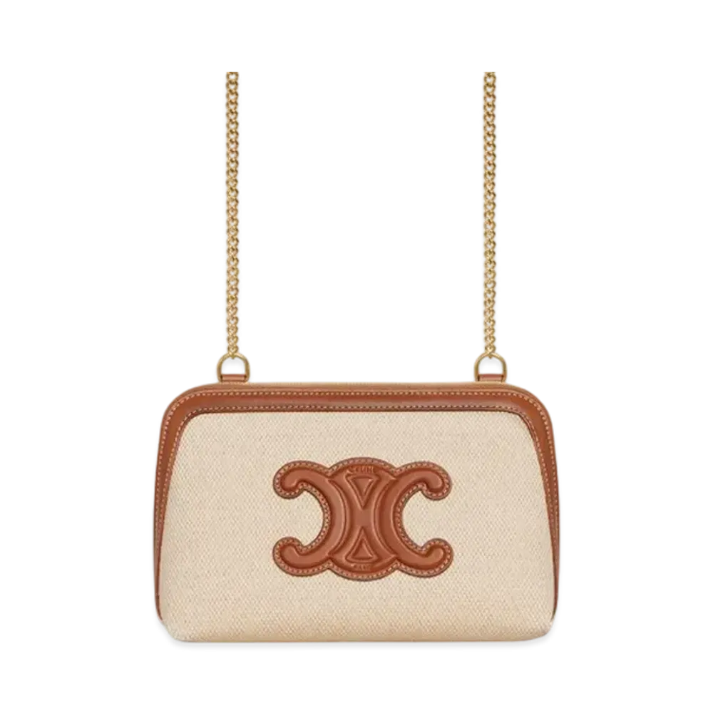 CELINE Clutch On Chain Cuir Triomphe in Textile and Calfskin "Natural/Tan"