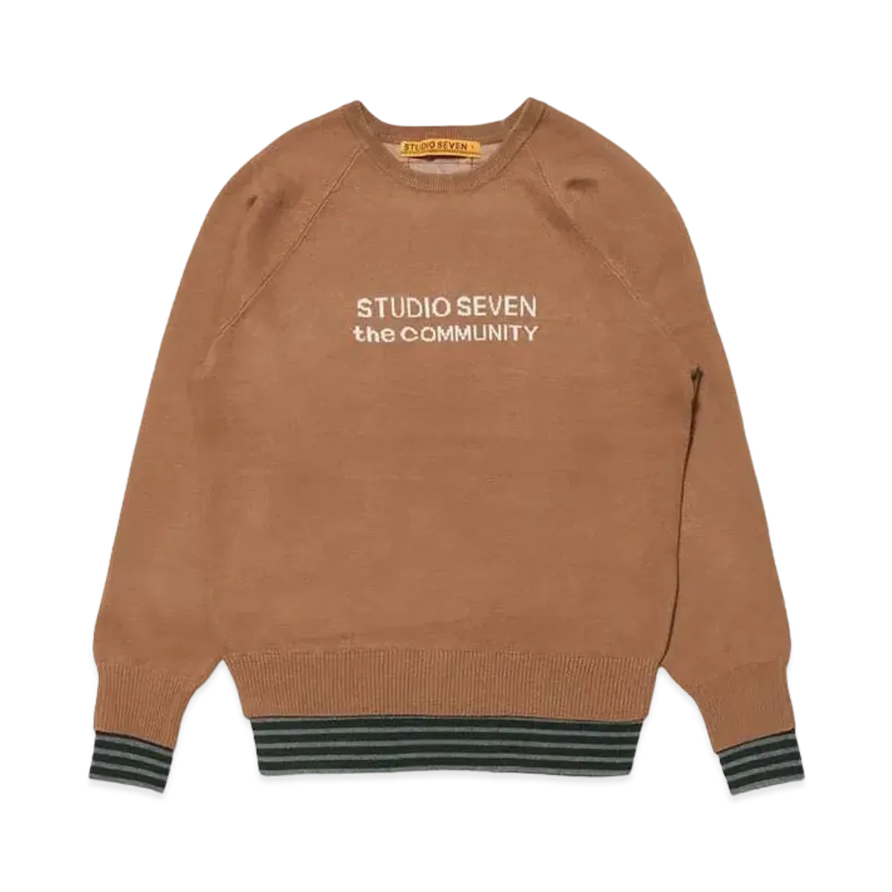 STUDIO SEVEN Hem Border Crew Neck Knit "BROWN"