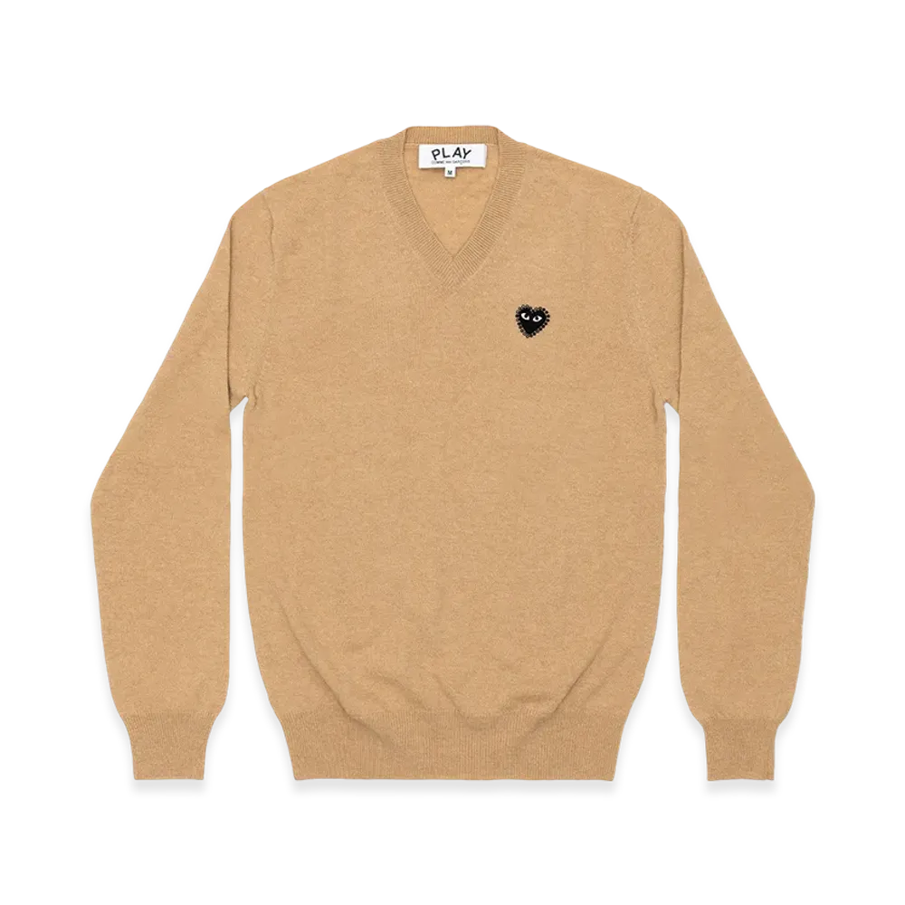 PLAY COMME des GARCONS Unisex V-Neck Sweater with Emblem x Rhinestone "Top Light Camel"