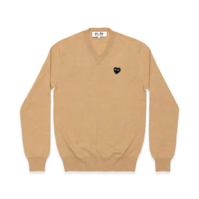 PLAY COMME des GARCONS Unisex V-Neck Sweater with Emblem x Rhinestone "Top Light Camel"
