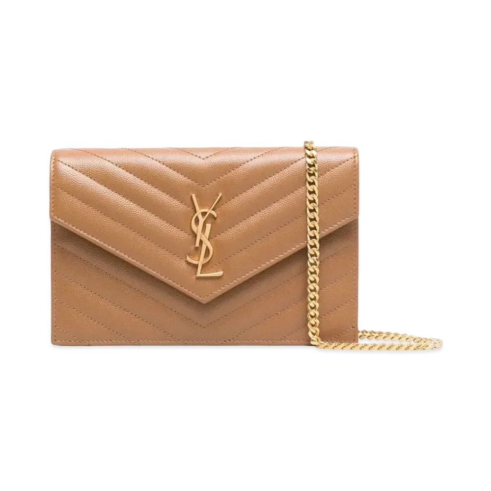Saint Laurent Envelope Chain Wallet In Grain De Poudre Embossed Leather "Dark Natural"
