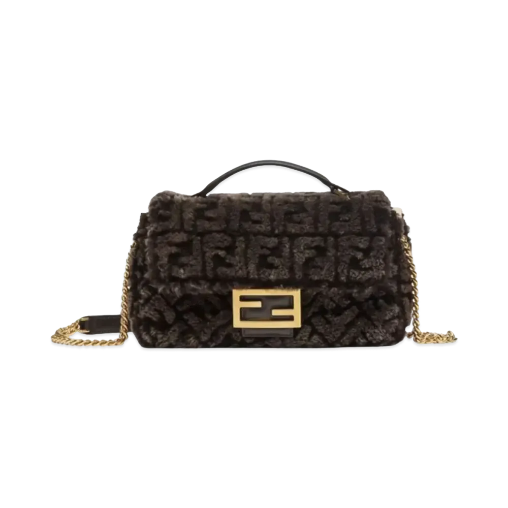 FENDI Baguette Chain Midi Sheepskin Bag with FF Motif "Dark Brown"