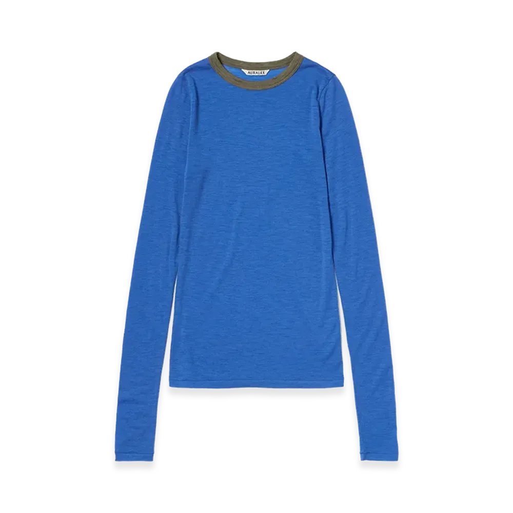 AURALEE Women's Fluffy Cashmere Nylon Jersey Ringer L/S Tee "Blue"