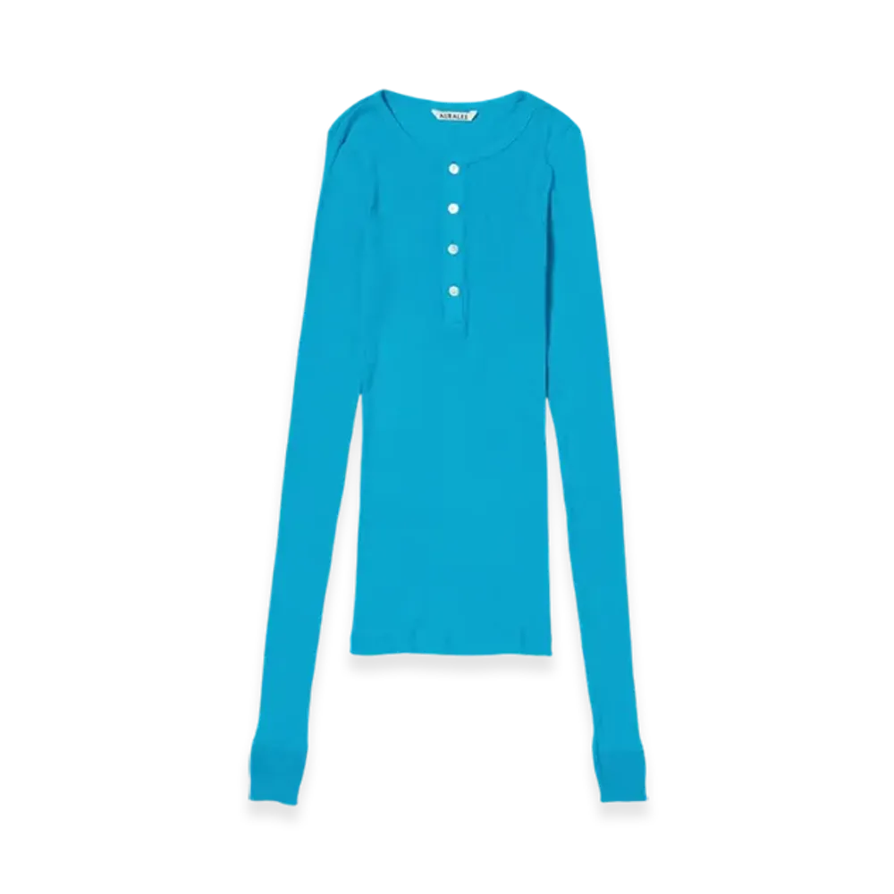 AURALEE Organic Soft Rib Henley Neck L/S T-Shirt "Turquoise Blue"