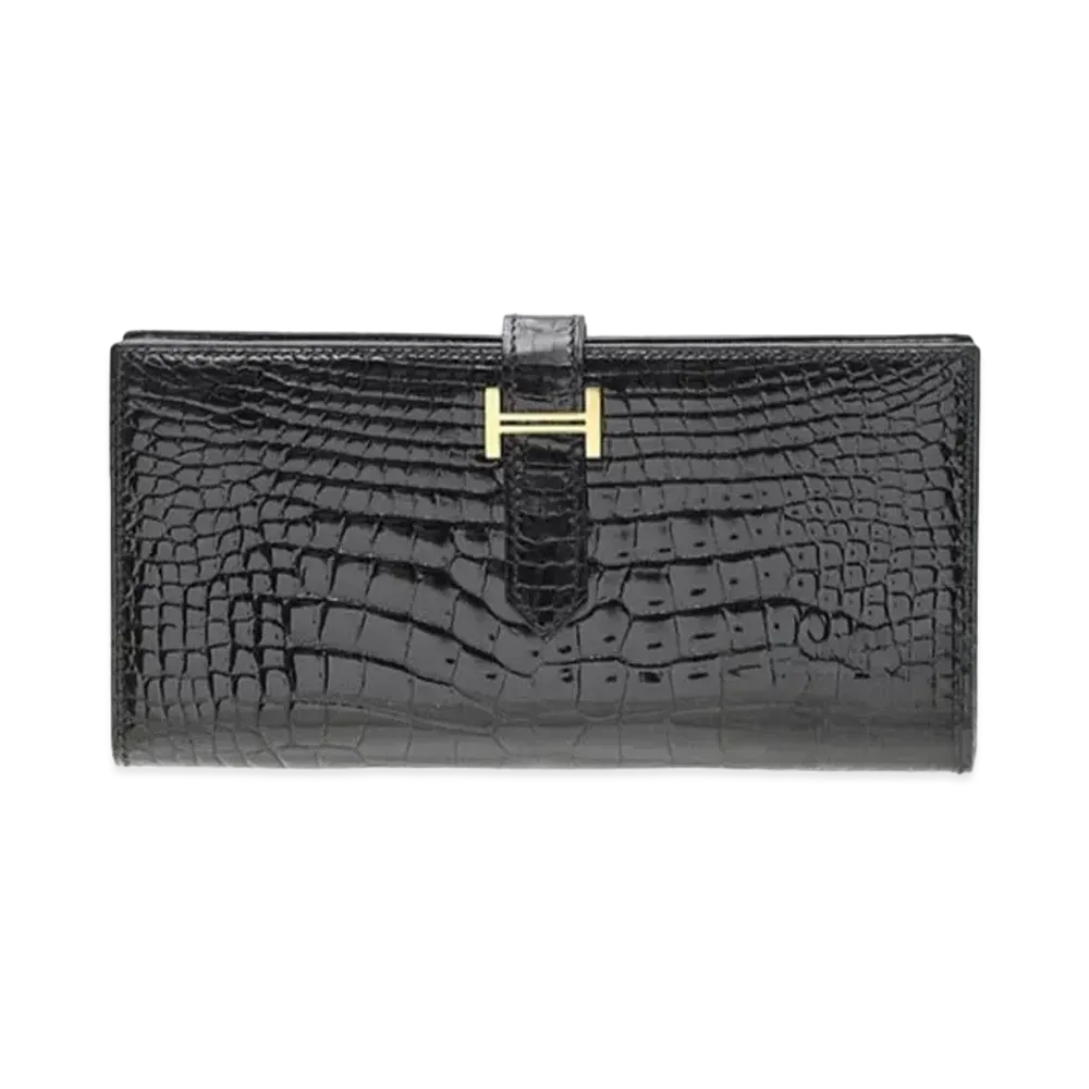 Hermes Bearn Soufflet Crocodile Alligator "Noir/Gold"
