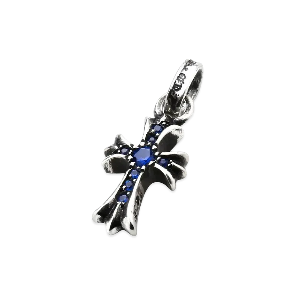 Chrome Hearts Cross Baby Fat Charm Sapphire Pave Diamond "Silver/Blue"