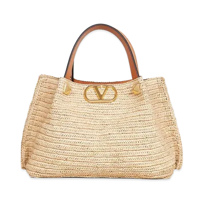 Valentino Women's Small Tote Vlogo Signature Crochet Rafia/Vac.Liscia/A.Brass Macro S "Beige"