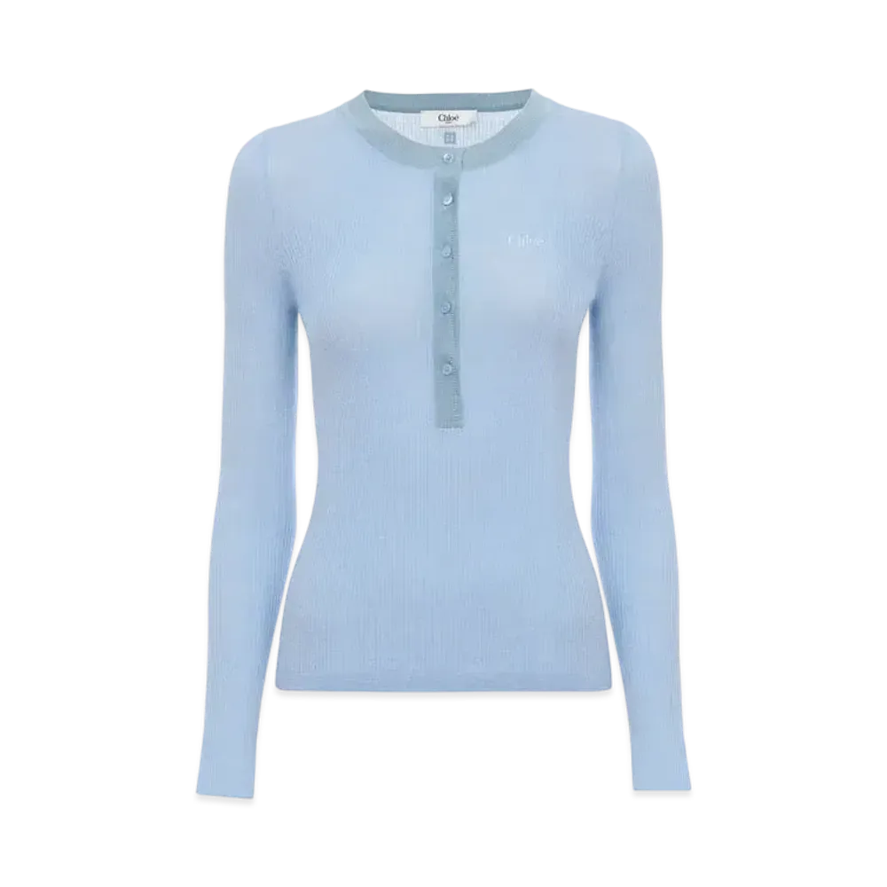 Chloe Knitted Henley Shirt In Superfine Wool Knit "Baltic Sea"