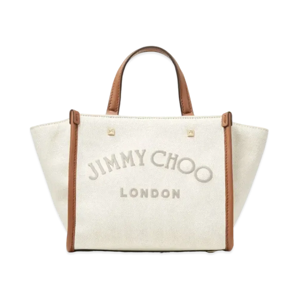 Jimmy Choo Avenue Tote/S Natura Recycle Cotton Canvas Soft Shiny Calf Leather With Logo Tote Bag "Dark Tan"