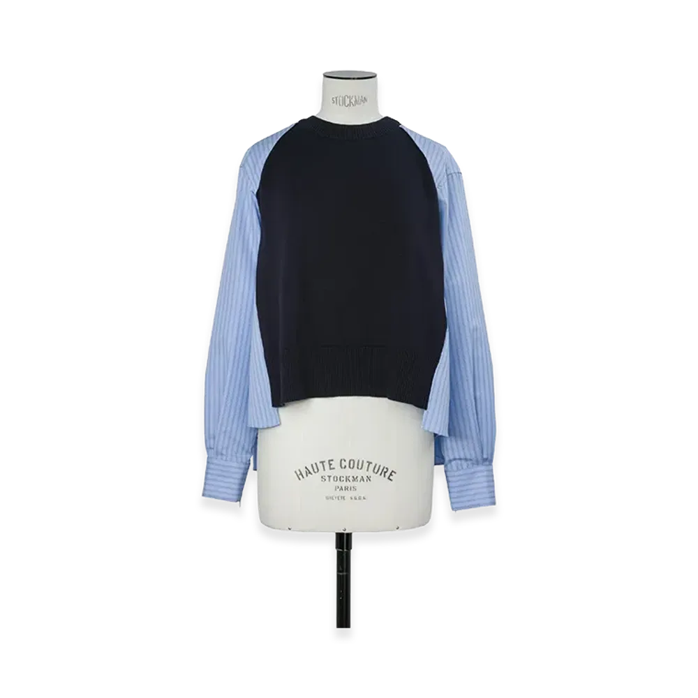 sacai Women's Poplin x Cotton Knit Pullover "Navy/Light Blue Stripe"