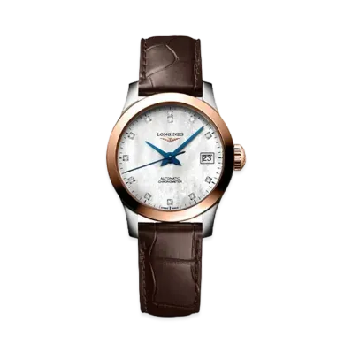 Longines Record Collection 26.00 mm "White Mother-of-Pearl/Stainless Steel/Rose Gold/Brown" L2.320.5.87.2
