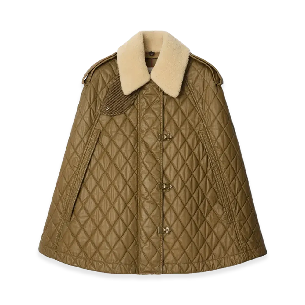 Burberry Women's Shearling Collar Quilted Cotton Heath Cape "Walrus Brown/Hemlock Beige"