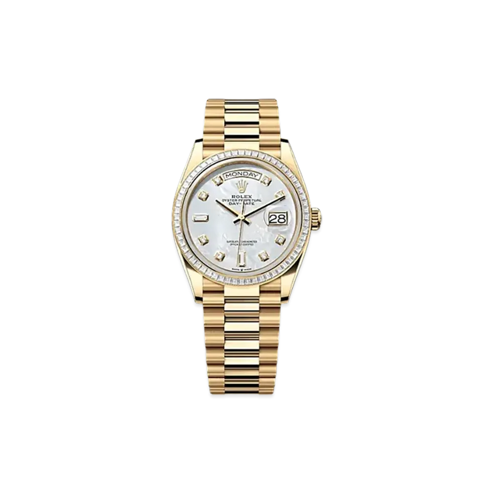 ROLEX Day-Date 36mm Yellow Gold Diamond 128398TBR "White Mother-of-Pearl"