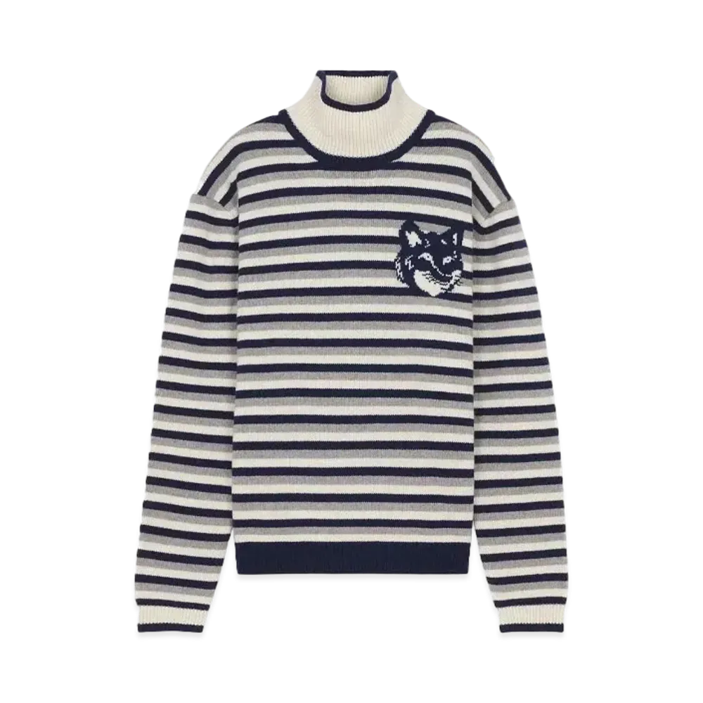 Maison Kitsune Fox Head Intarsia Comfort Stripe High Neck Jumper "Navy/White"