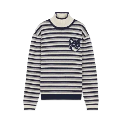 Maison Kitsune Fox Head Intarsia Comfort Stripe High Neck Jumper "Navy/White"