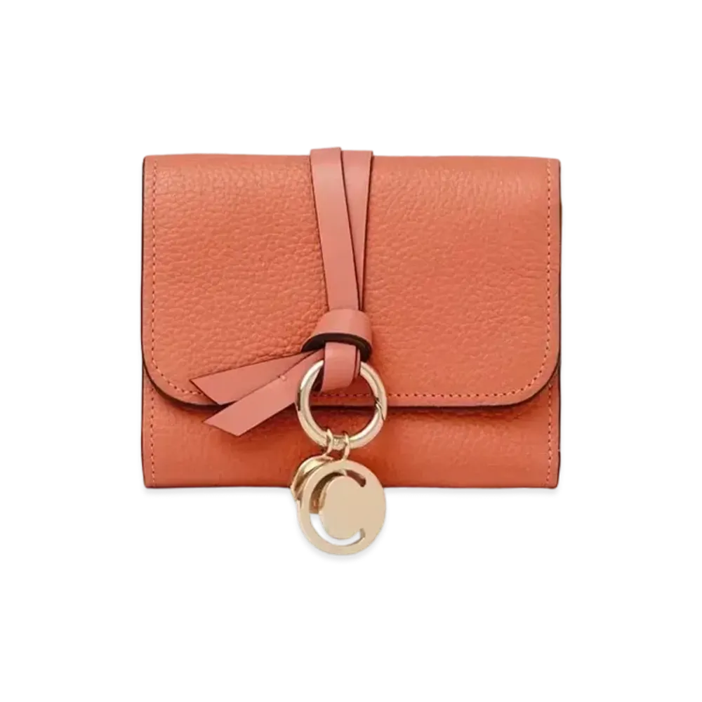 Chloe Alphabet Small Tri Fold Wallet With Leather Link In Grained & Shiny Calfskin "Auburn Orange"