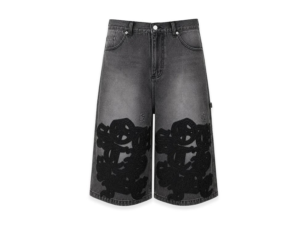 BREATH Faux Leather Patch Denim Shorts "Black"