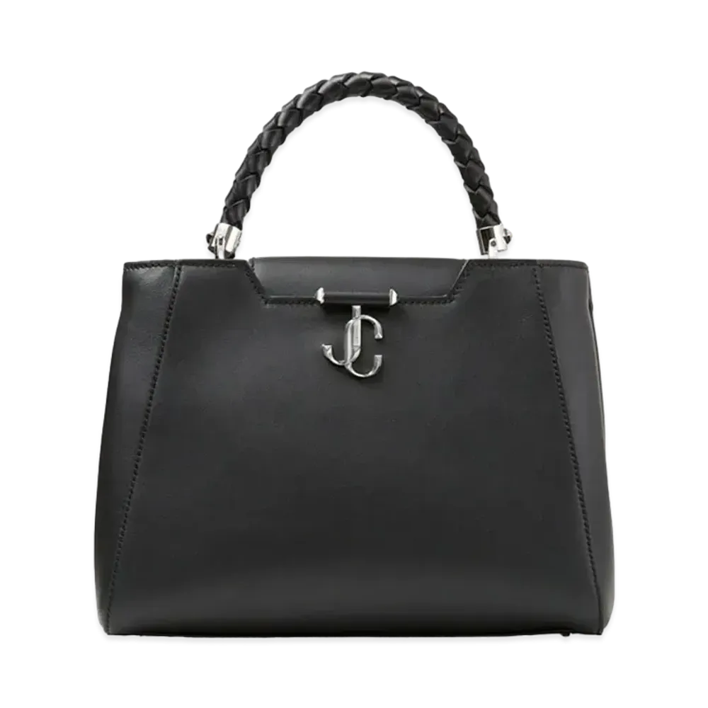 Jimmy Choo Varenne Top Handle M Calf Leather Top Handle Bag With Woven Handle "Black"