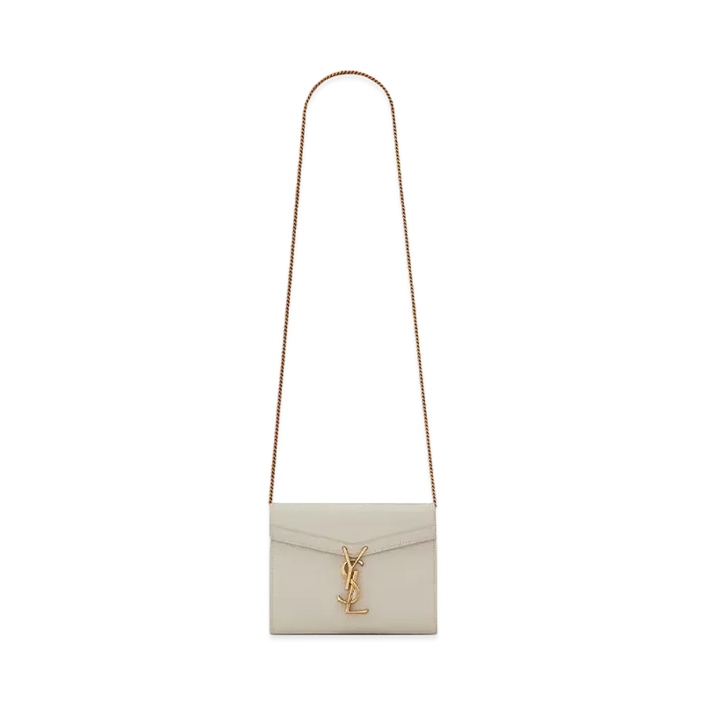 Saint Laurent Cassandra Chain Wallet In Grain De Poudre Embossed Leather "Vintage White"