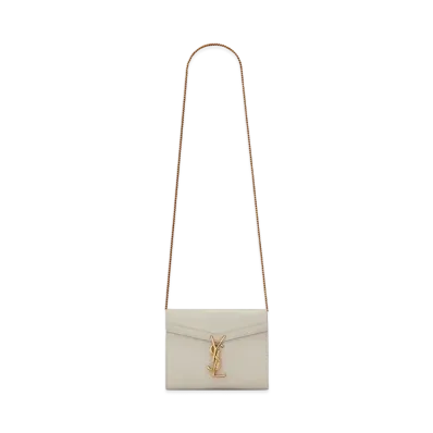 Saint Laurent Cassandra Chain Wallet In Grain De Poudre Embossed Leather "Vintage White"