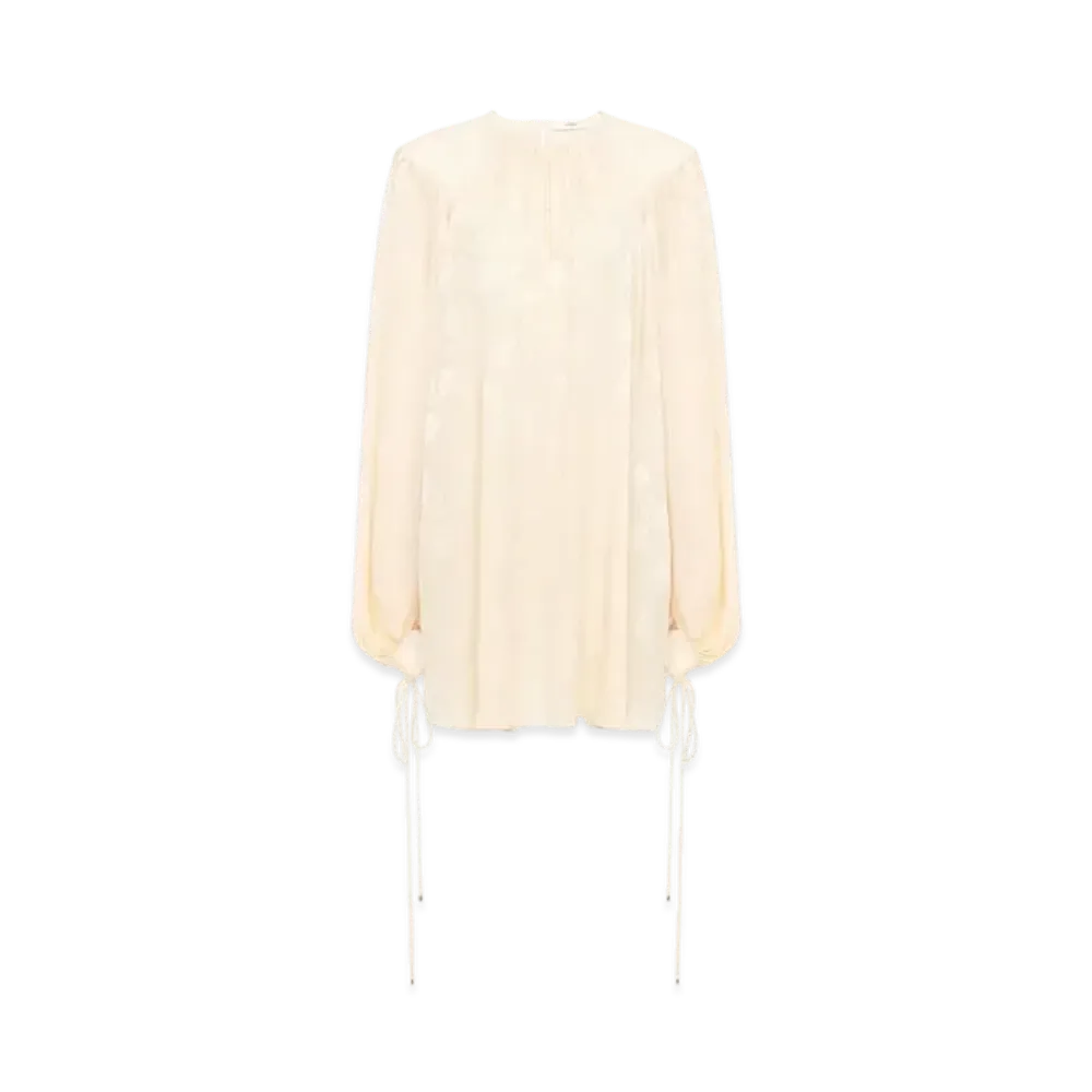 Chloe Gathered Mini Dress In Silk Jacquard "Macadamia Brown"