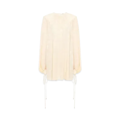 Chloe Gathered Mini Dress In Silk Jacquard "Macadamia Brown"