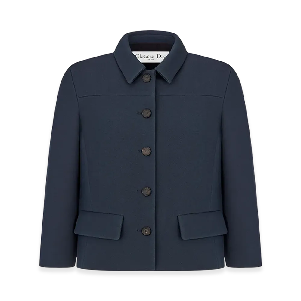 Dior Women's V07 Cropped Jacket with Three-Quarter Sleeves Wool Silk "Navy Blue"