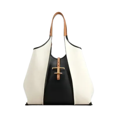 TOD'S Timeless Canvas & Leather Shopping Bag Medium "White/Black/Brown"