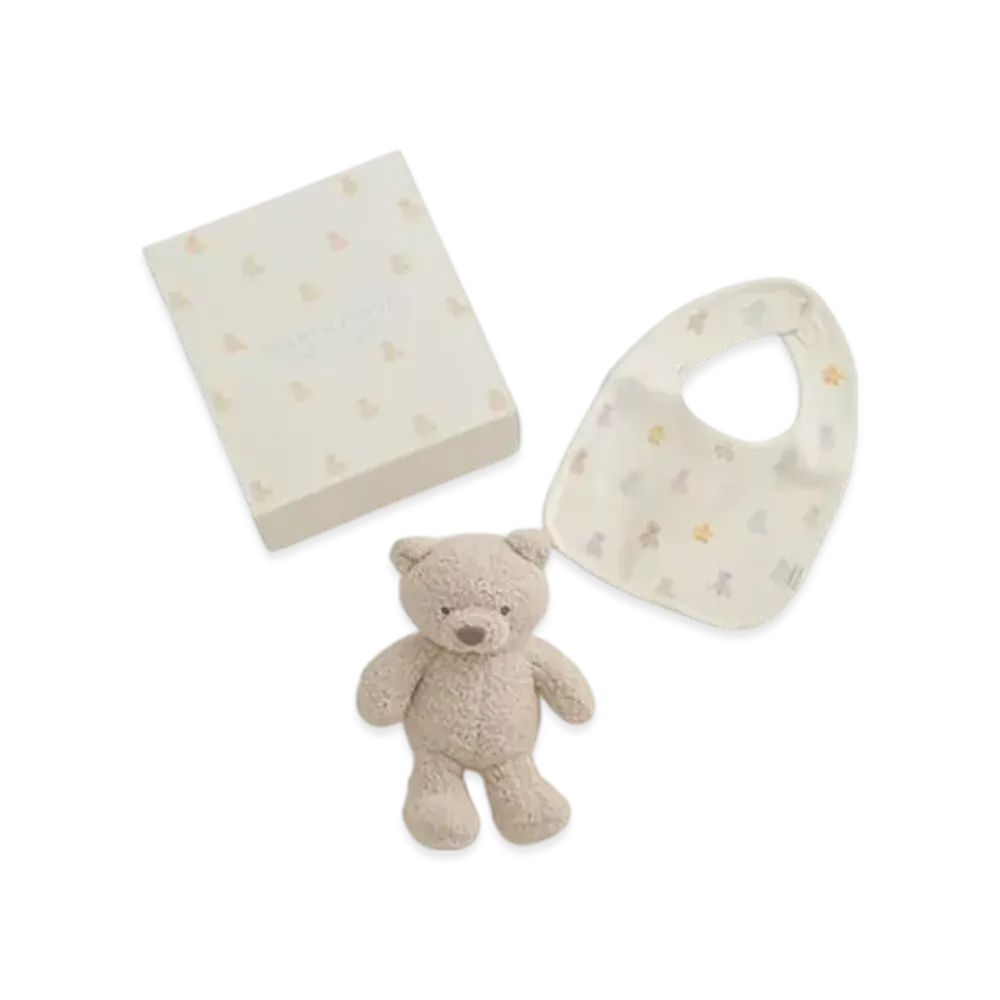 GELATO PIQUE Baby Bear Plush Toy & Bib 2 Piece Set Gift Box "Beige"