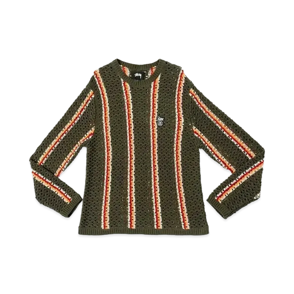 Stussy x Patta Stripe Loose Gauge Crewneck Sweater "Olive"