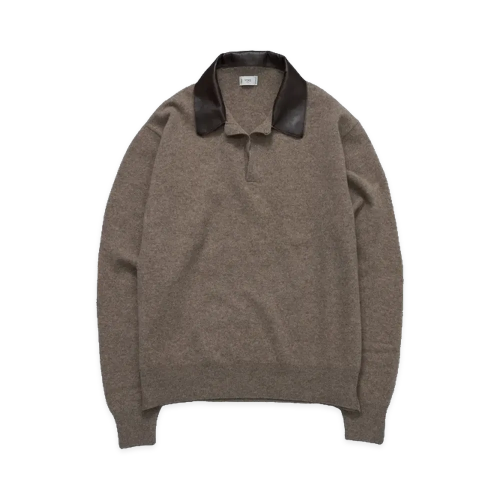 YOKE Extra Super Fine Wool Leather-Trimmed Skipper Sweater "Beige"