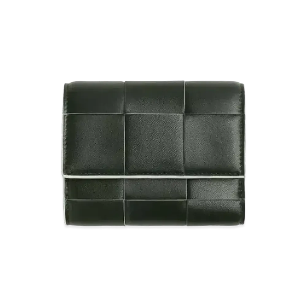Bottega Veneta Casette Maxi Intrecciato Calfskin Zip Trifold Wallet "Darkgreen/White"